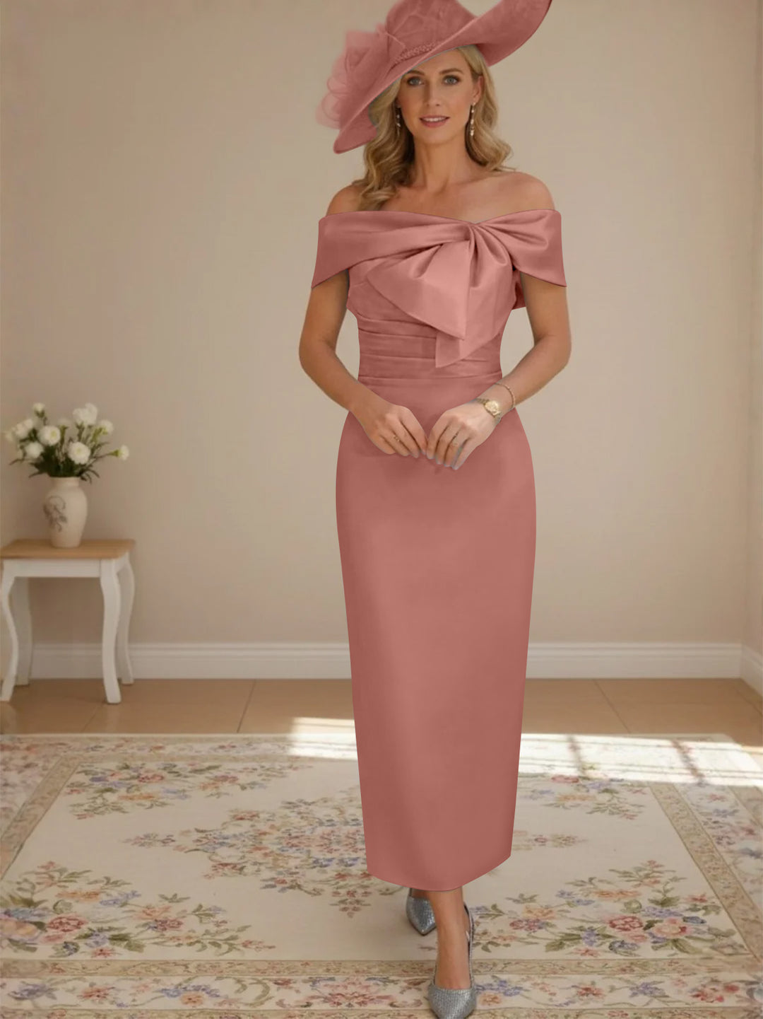 Sheath/Column Off-the-Shoulder Ankle-Length Mother of the Bride Dresses with Bowknot