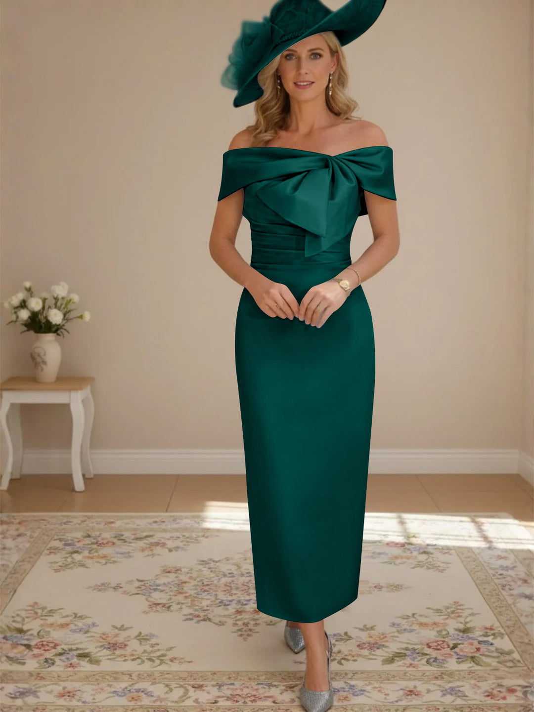 Sheath/Column Off-the-Shoulder Ankle-Length Mother of the Bride Dresses with Bowknot