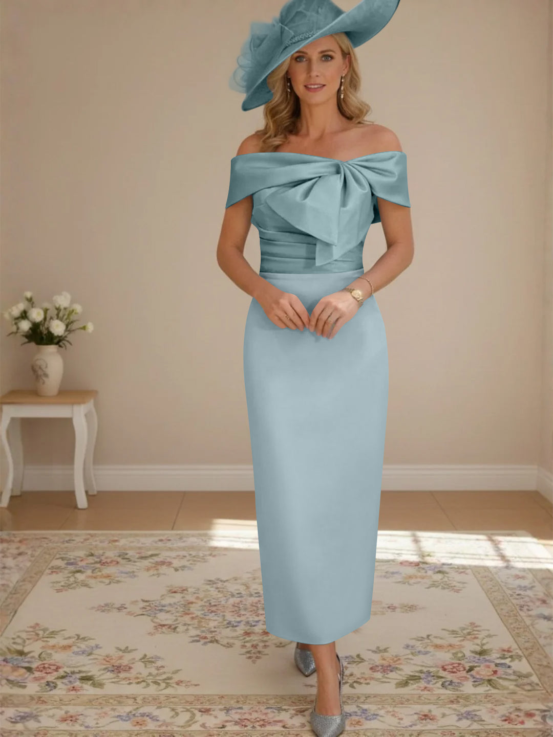 Sheath/Column Off-the-Shoulder Ankle-Length Mother of the Bride Dresses with Bowknot