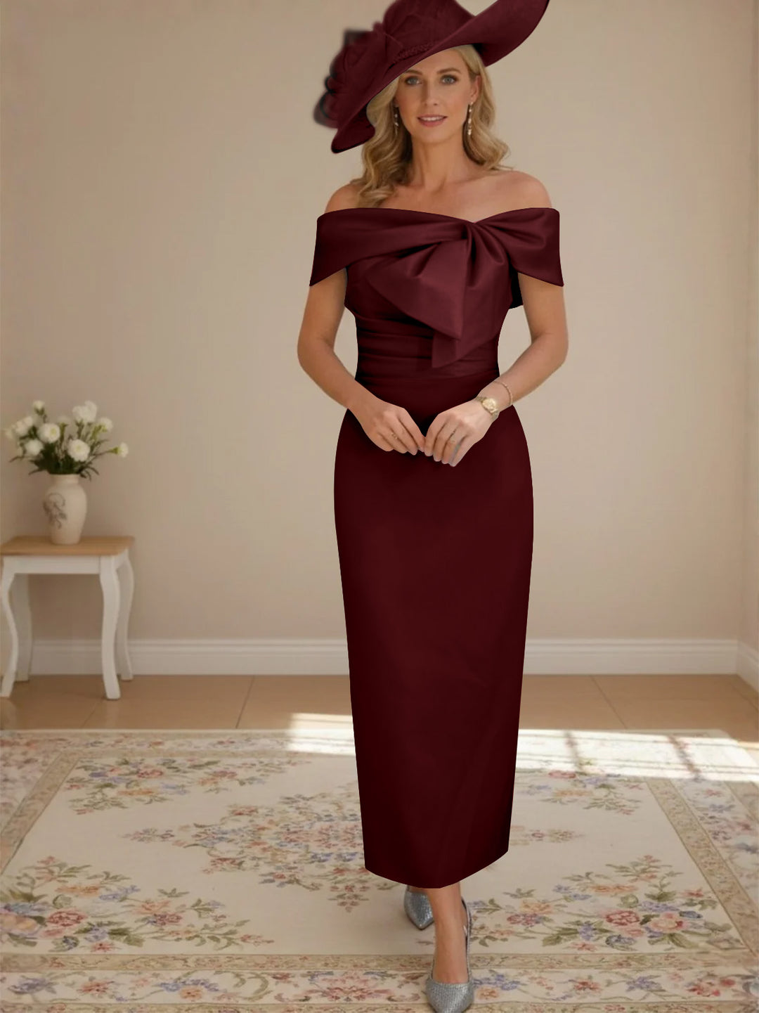 Sheath/Column Off-the-Shoulder Ankle-Length Mother of the Bride Dresses with Bowknot