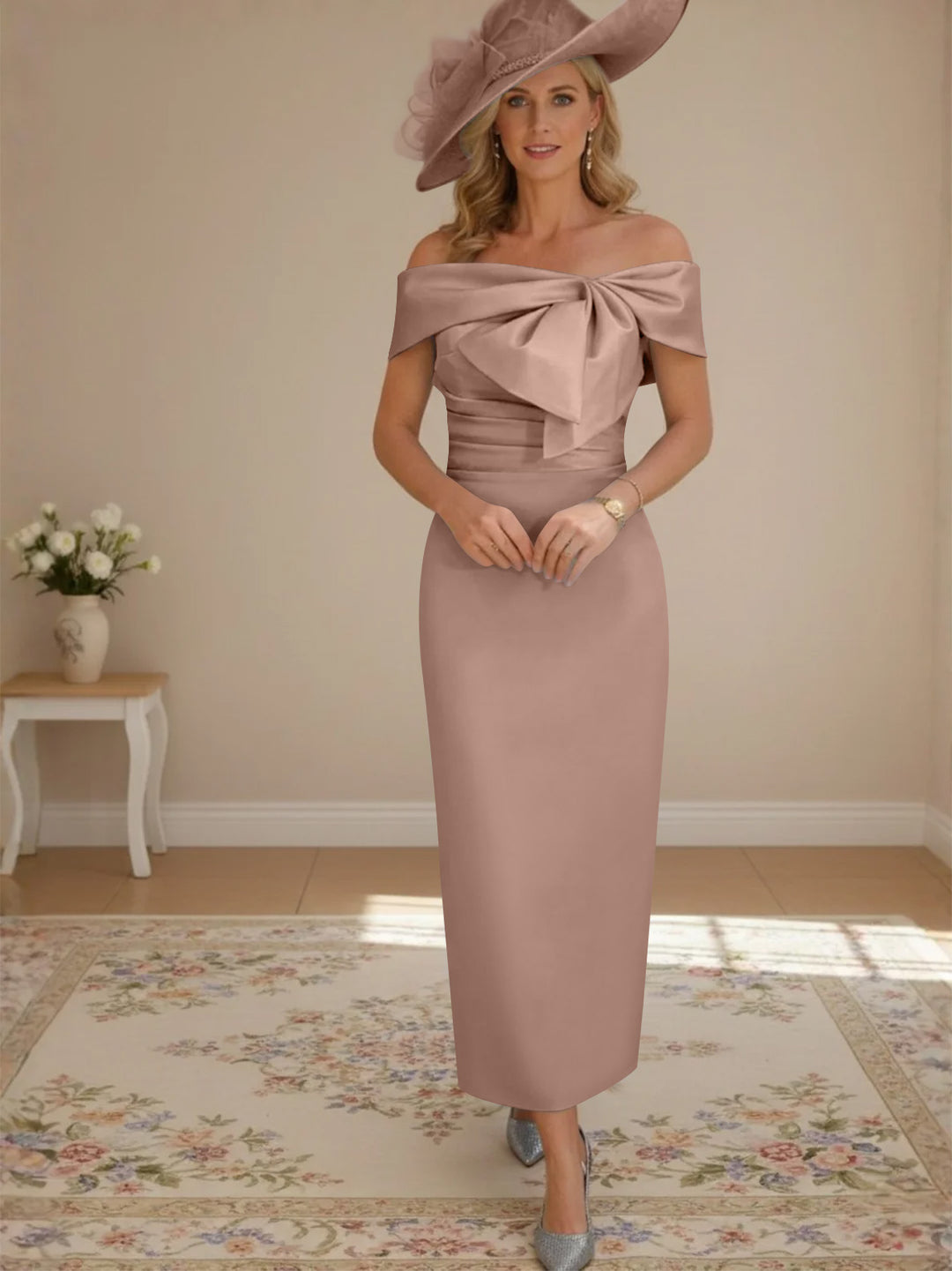 Sheath/Column Off-the-Shoulder Ankle-Length Mother of the Bride Dresses with Bowknot