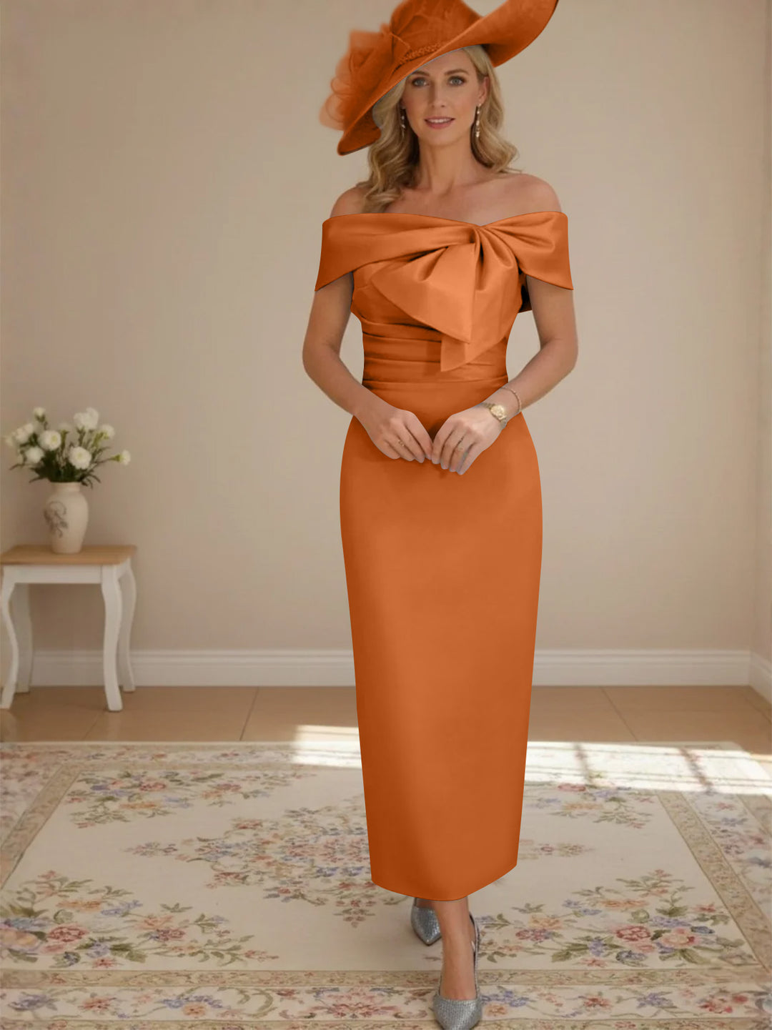Sheath/Column Off-the-Shoulder Ankle-Length Mother of the Bride Dresses with Bowknot