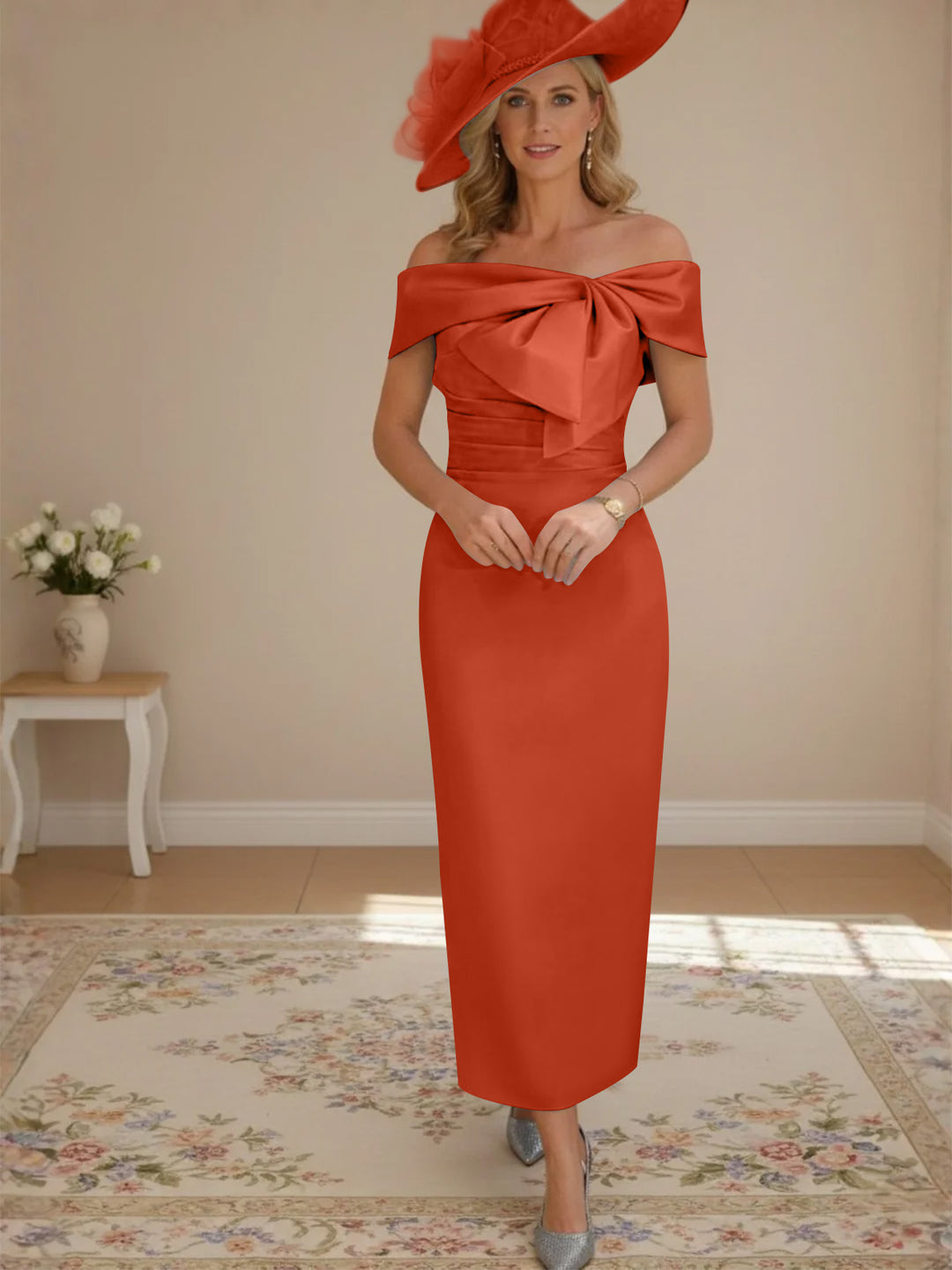 Sheath/Column Off-the-Shoulder Ankle-Length Mother of the Bride Dresses with Bowknot