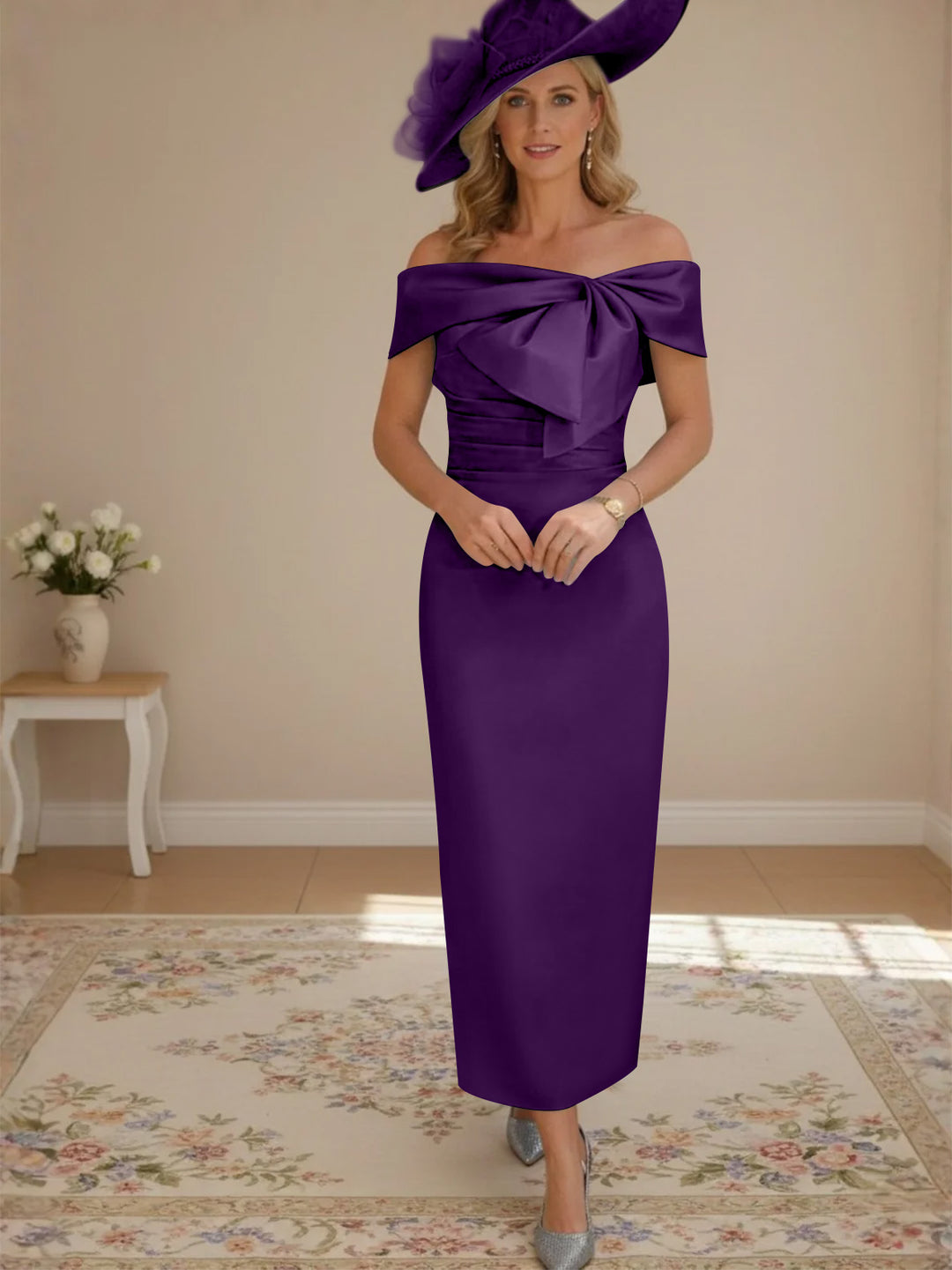 Sheath/Column Off-the-Shoulder Ankle-Length Mother of the Bride Dresses with Bowknot