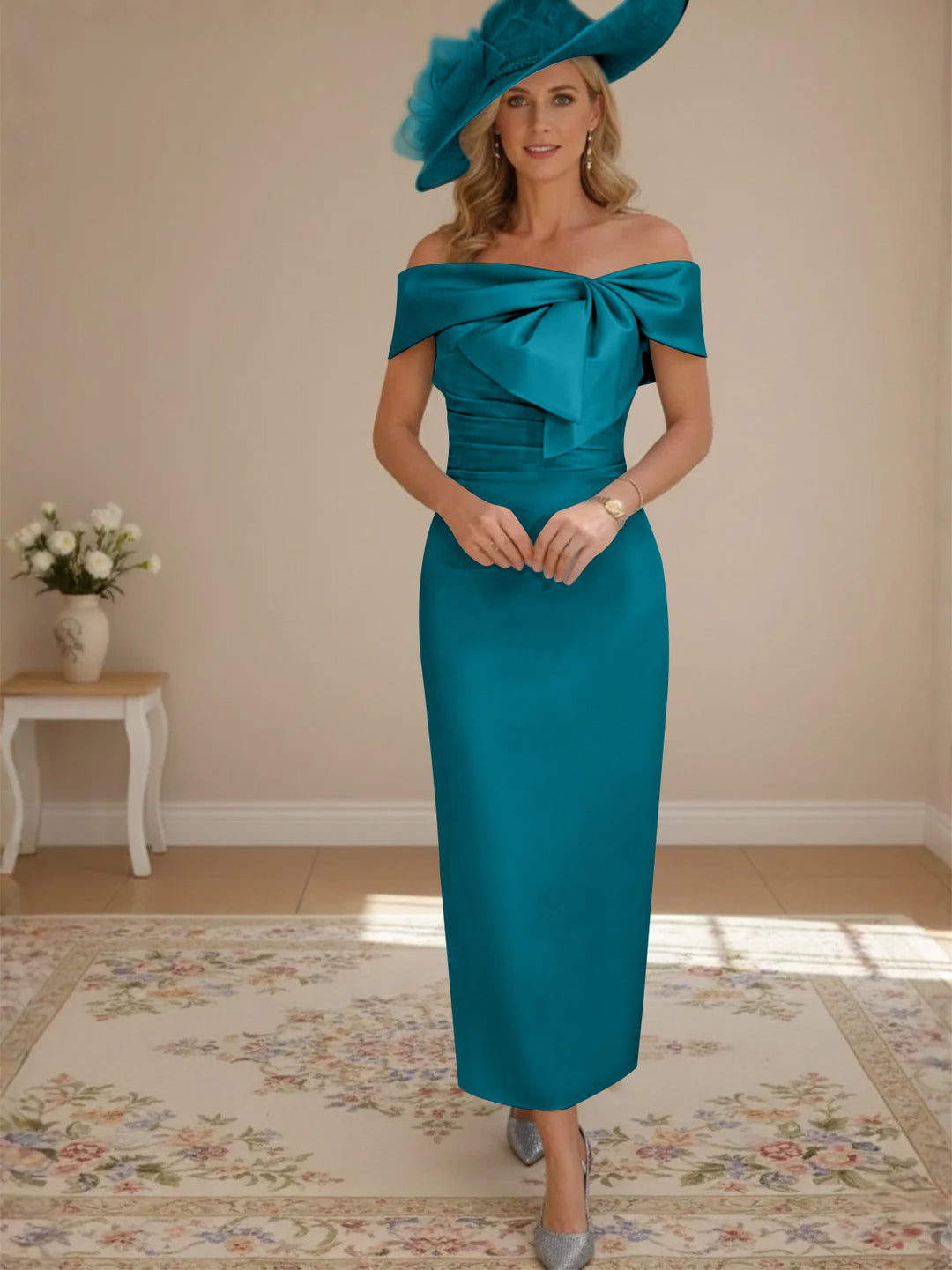 Sheath/Column Off-the-Shoulder Ankle-Length Mother of the Bride Dresses with Bowknot
