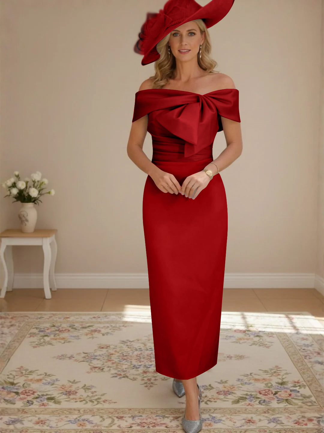 Sheath/Column Off-the-Shoulder Ankle-Length Mother of the Bride Dresses with Bowknot