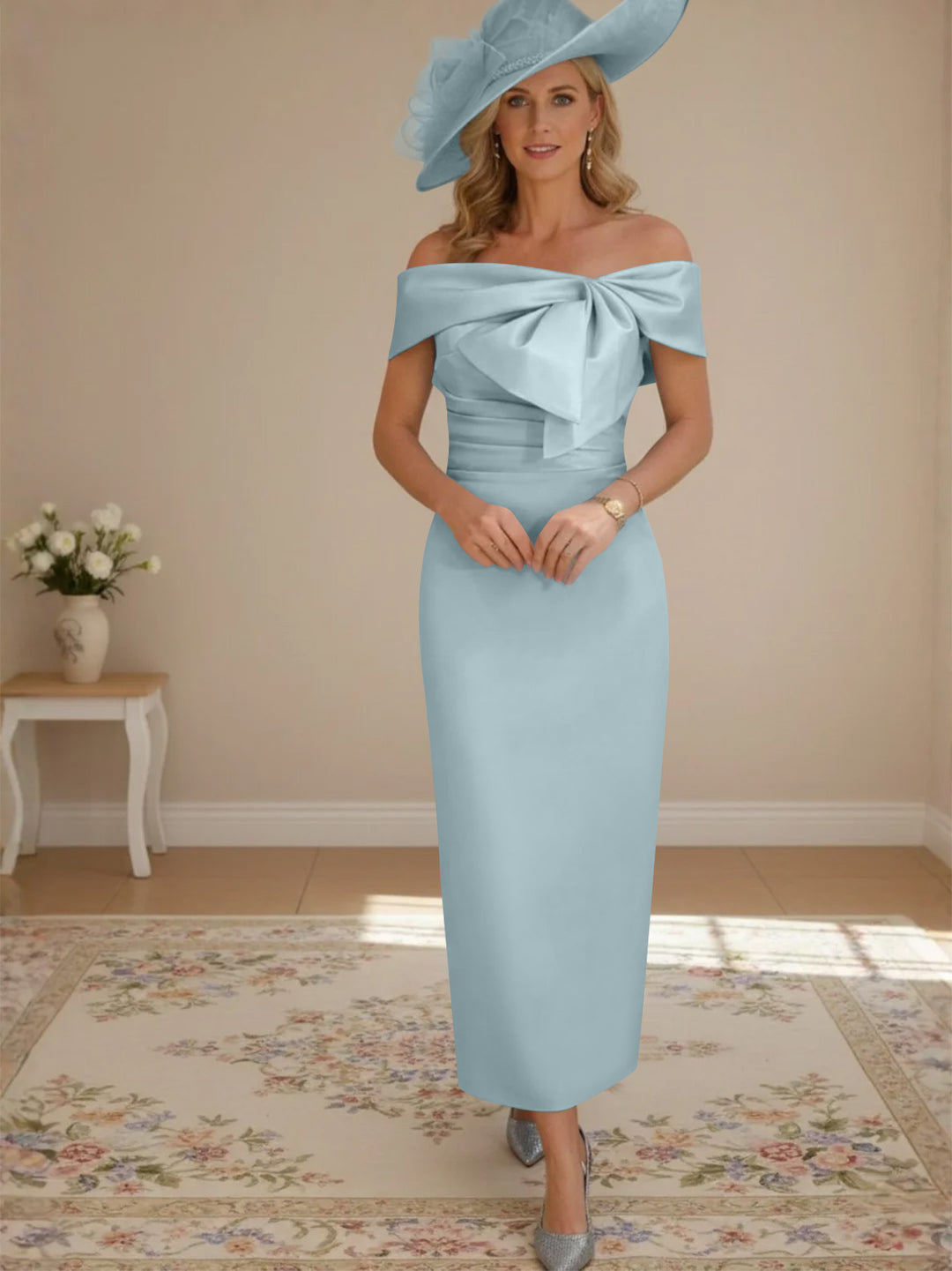 Sheath/Column Off-the-Shoulder Ankle-Length Mother of the Bride Dresses with Bowknot