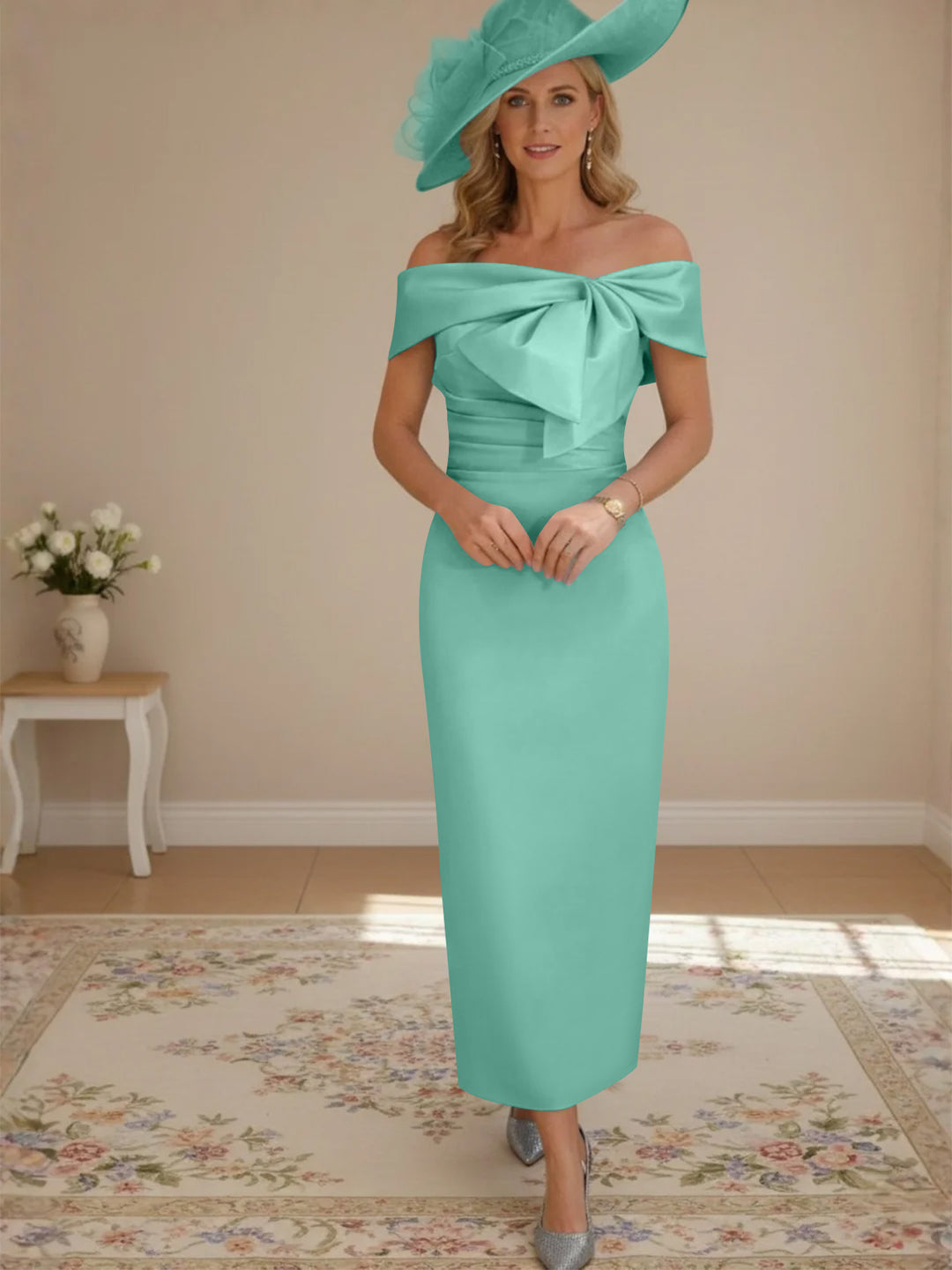 Sheath/Column Off-the-Shoulder Ankle-Length Mother of the Bride Dresses with Bowknot