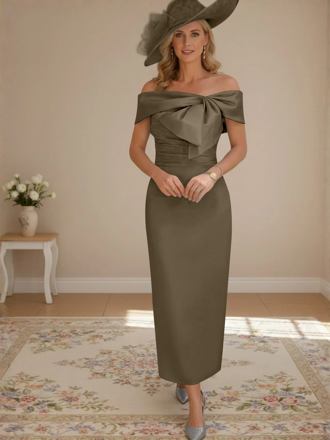 Sheath/Column Off-the-Shoulder Ankle-Length Mother of the Bride Dresses with Bowknot