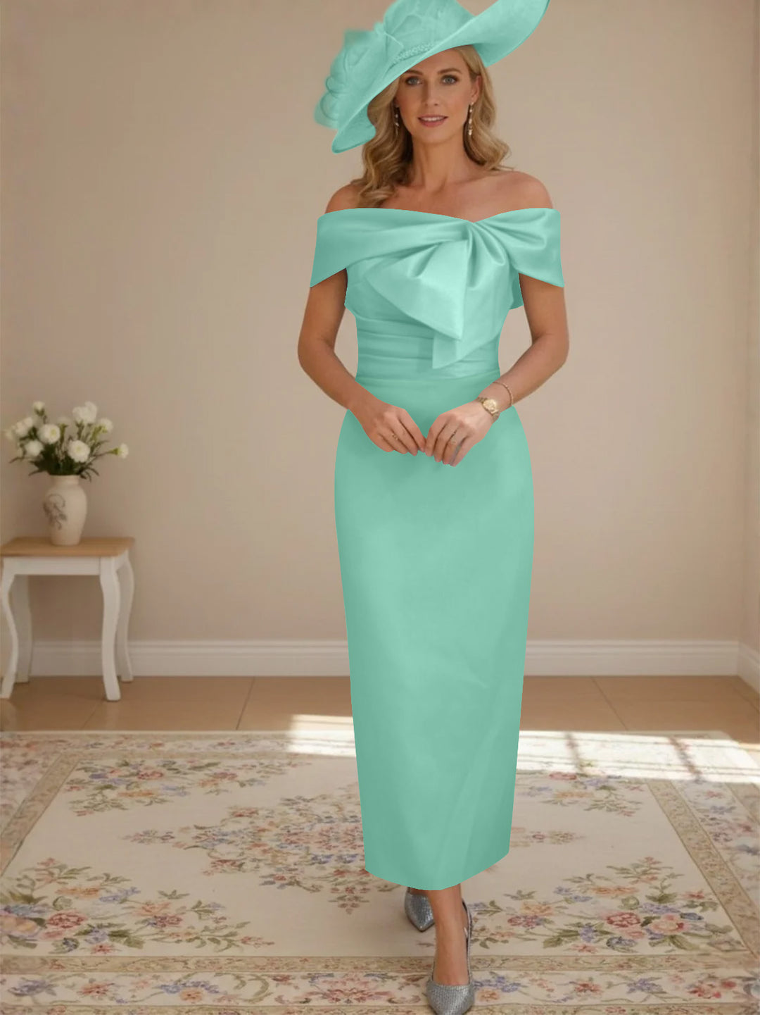 Sheath/Column Off-the-Shoulder Ankle-Length Mother of the Bride Dresses with Bowknot