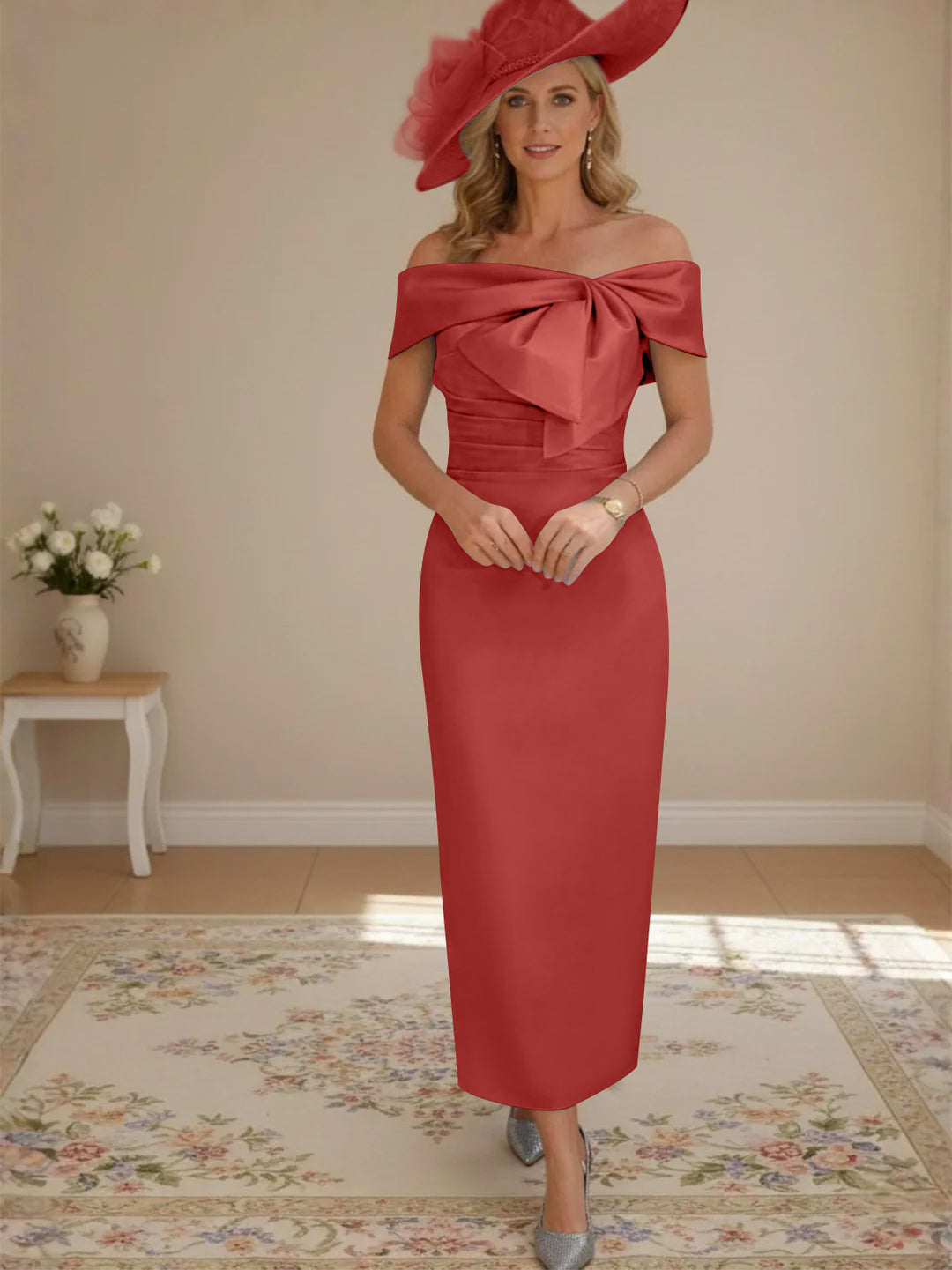 Sheath/Column Off-the-Shoulder Ankle-Length Mother of the Bride Dresses with Bowknot