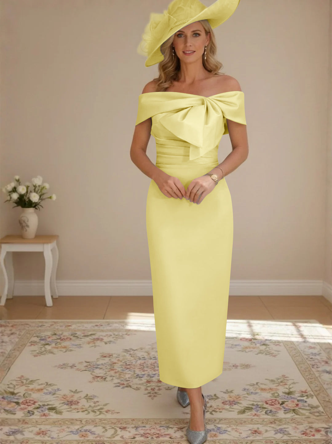 Sheath/Column Off-the-Shoulder Ankle-Length Mother of the Bride Dresses with Bowknot