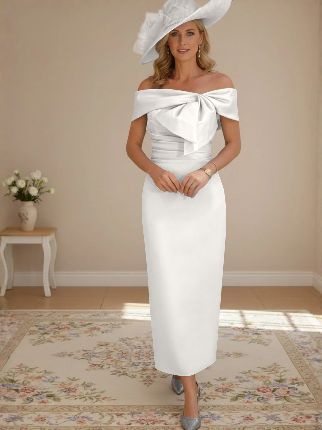 Sheath/Column Off-the-Shoulder Ankle-Length Mother of the Bride Dresses with Bowknot