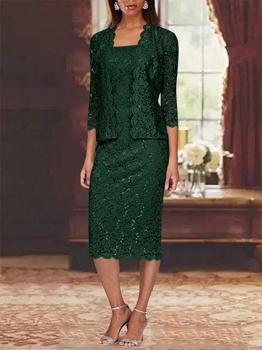 Sheath/Column 2 Pieces Scoop Lace Mother of the Bride Dresses with Jacket 3/4 Sleeves Knee-Length