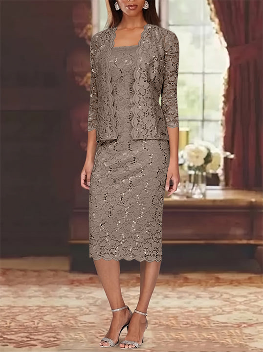 Sheath/Column 2 Pieces Scoop Lace Mother of the Bride Dresses with Jacket 3/4 Sleeves Knee-Length
