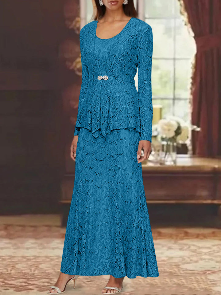 A-Line/Princess 2 Pieces Scoop Lace Mother of the Bride Dresses with Jacket Long Sleeves Ankle-Length