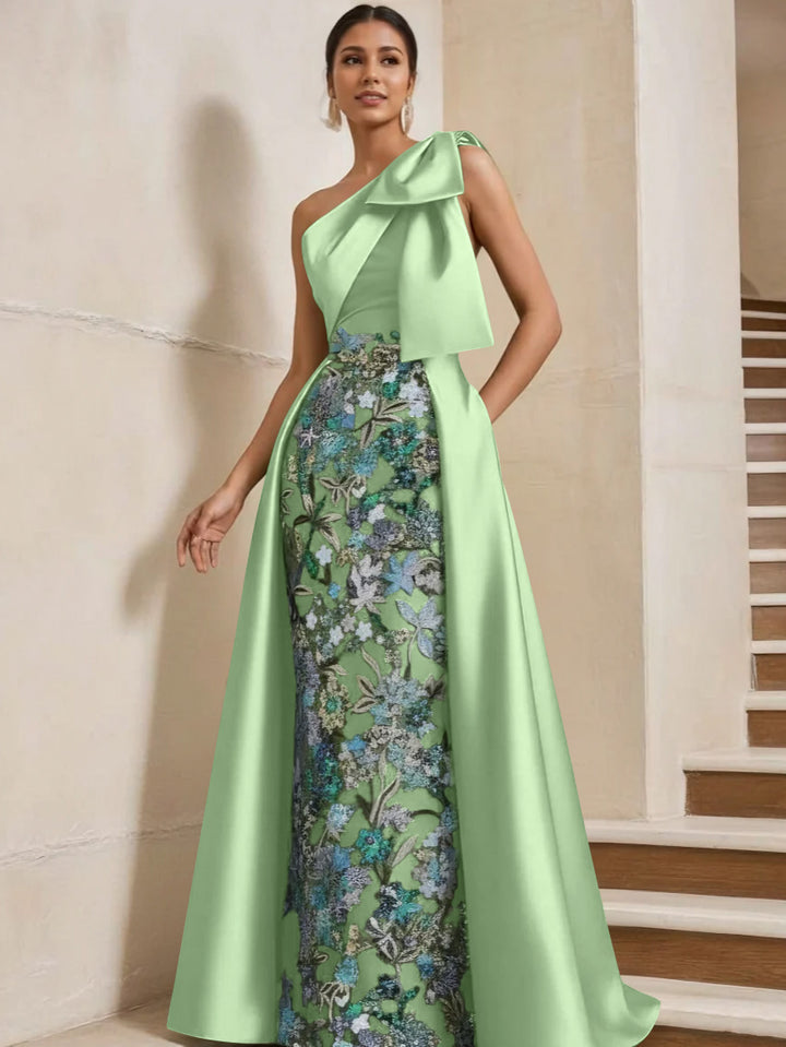 Sheath/Column One-Shoulder Satin Mother of the Bride Dresses with Overskirt Sleeveless Floor-Length Bow