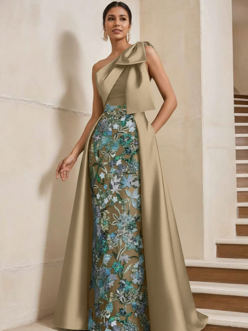 Sheath/Column One-Shoulder Satin Mother of the Bride Dresses with Overskirt Sleeveless Floor-Length Bow