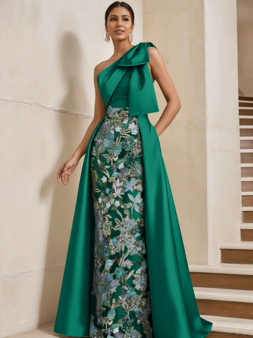 Sheath/Column One-Shoulder Satin Mother of the Bride Dresses with Overskirt Sleeveless Floor-Length Bow