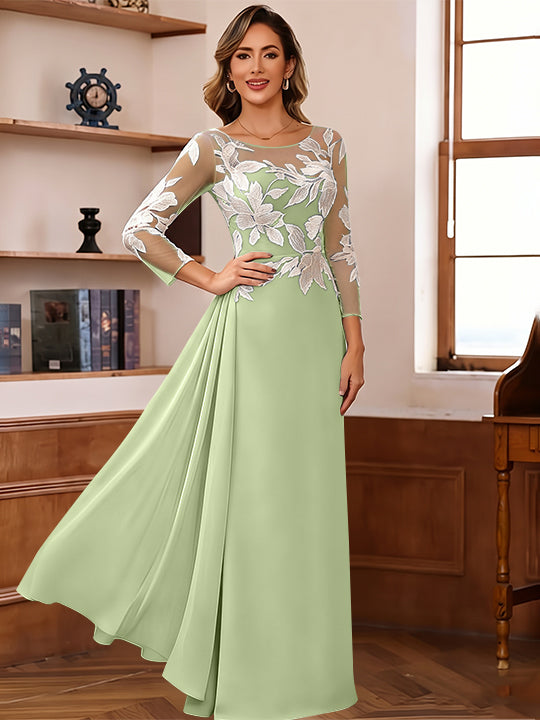 Sheath/Column Scoop Chiffon Mother of the Bride Dresses Ankle-Length 3/4 Sleeves Lace Flower with Overskirt