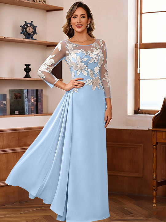 Sheath/Column Scoop Chiffon Mother of the Bride Dresses Ankle-Length 3/4 Sleeves Lace Flower with Overskirt