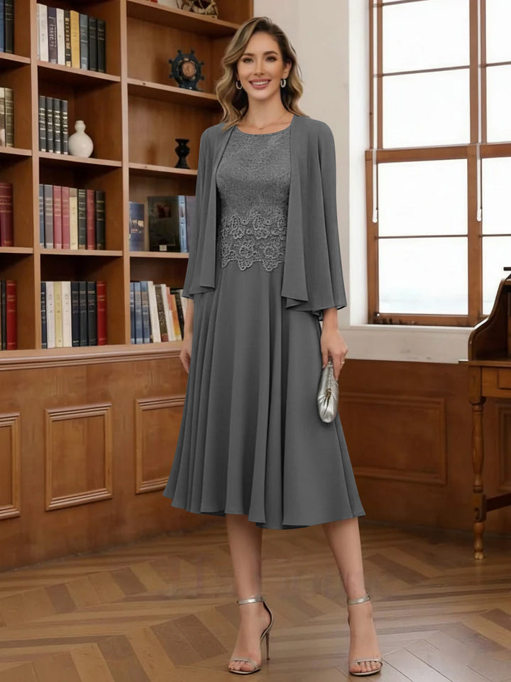 A-Line/Princess Scoop Chiffon Mother of the Bride Dresses with Jacket Tea-Length Long Sleeves Lace