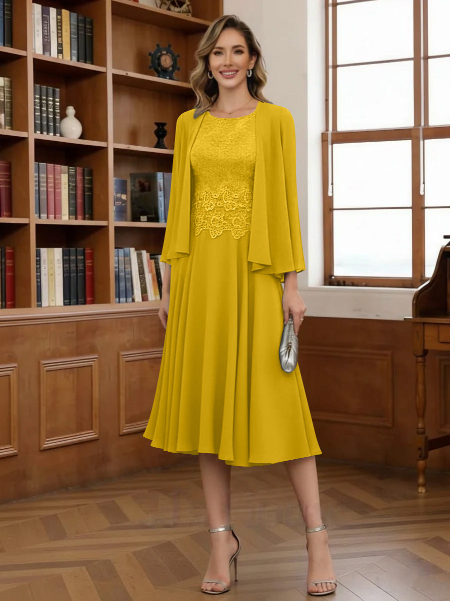 A-Line/Princess Scoop Chiffon Mother of the Bride Dresses with Jacket Tea-Length Long Sleeves Lace
