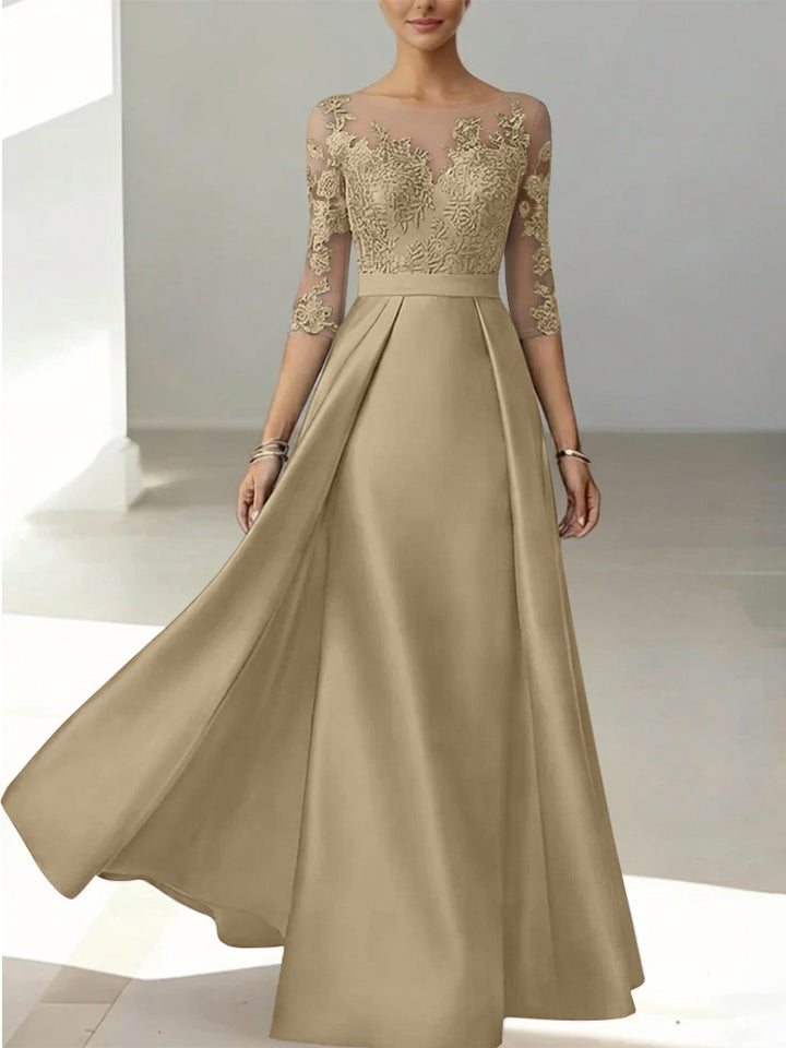 A-Line/Princess Scoop Satin Mother of the Bride Dresses 3/4 Sleeves Lace Floor-Length Floral