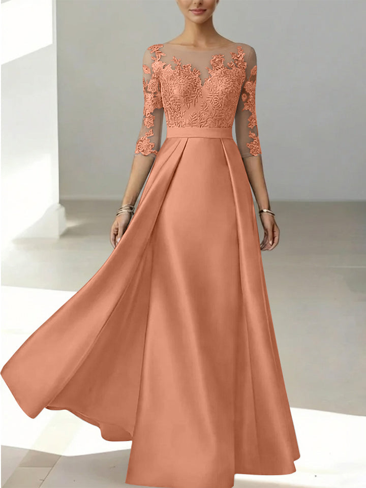 A-Line/Princess Scoop Satin Mother of the Bride Dresses 3/4 Sleeves Lace Floor-Length Floral