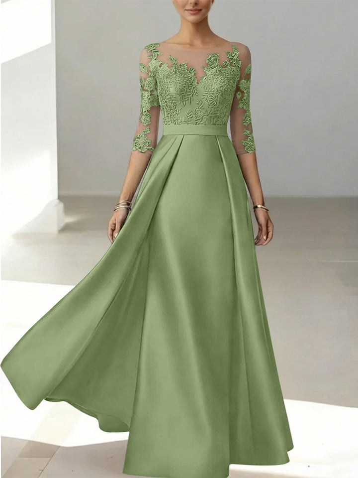 A-Line/Princess Scoop Satin Mother of the Bride Dresses 3/4 Sleeves Lace Floor-Length Floral