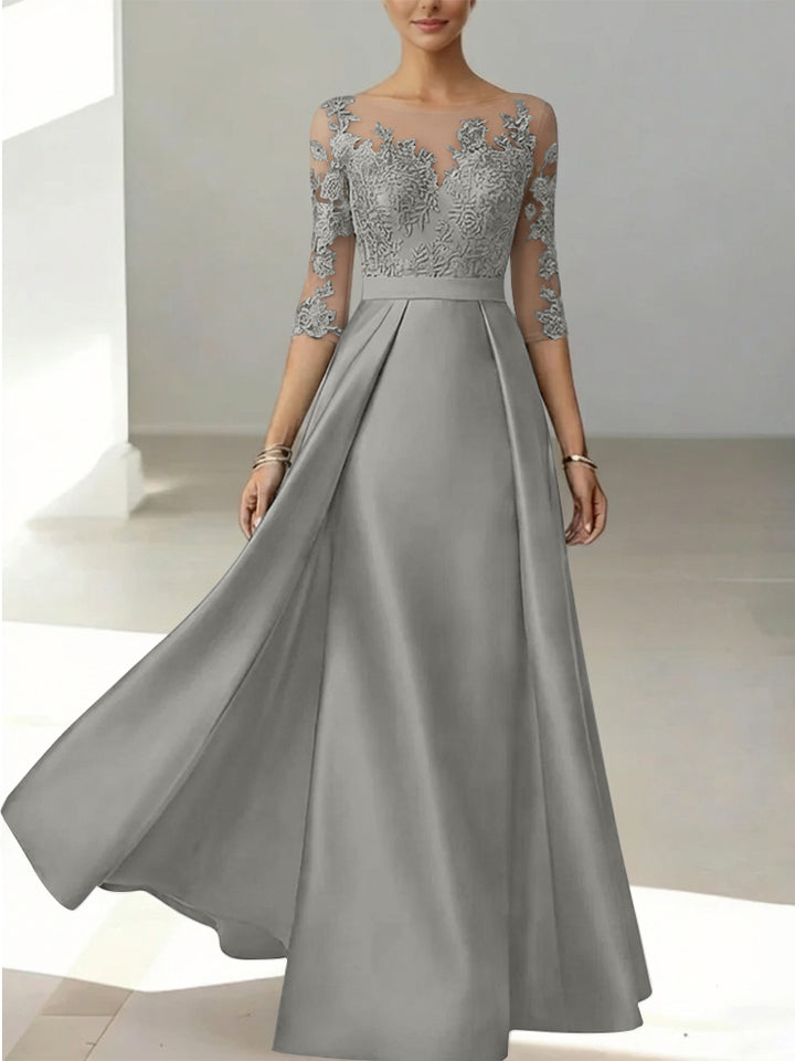 A-Line/Princess Scoop Satin Mother of the Bride Dresses 3/4 Sleeves Lace Floor-Length Floral