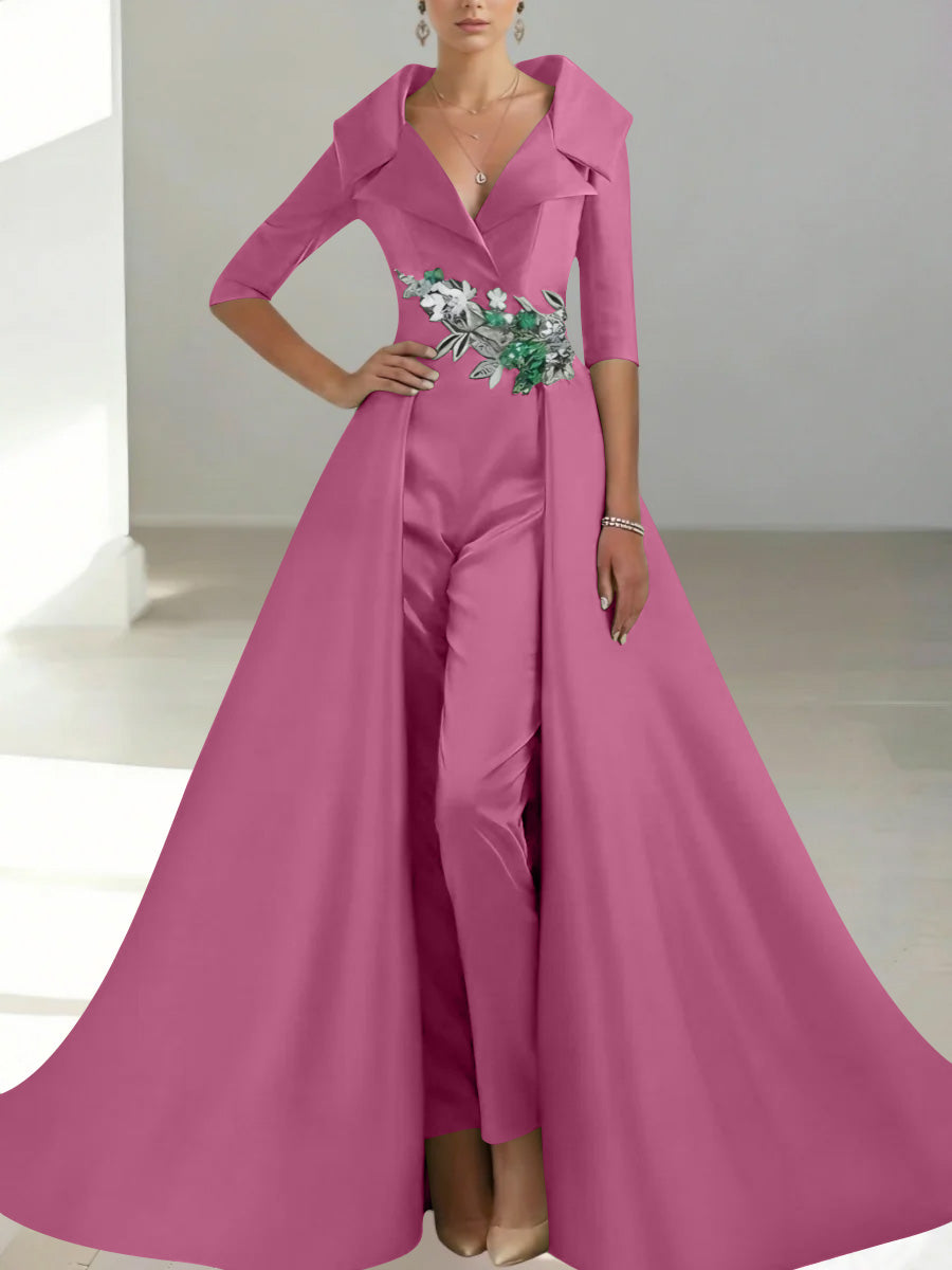 A-Line/Princess Shirt Collar Satin Mother of the Bride Jumpsuit Overskirt Sequins Pocket Half Sleeves Floor-Length