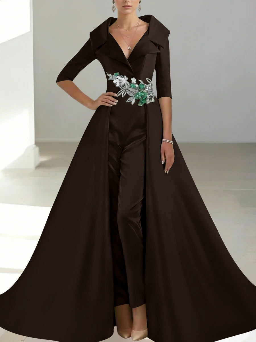 A-Line/Princess Shirt Collar Satin Mother of the Bride Jumpsuit Overskirt Sequins Pocket Half Sleeves Floor-Length