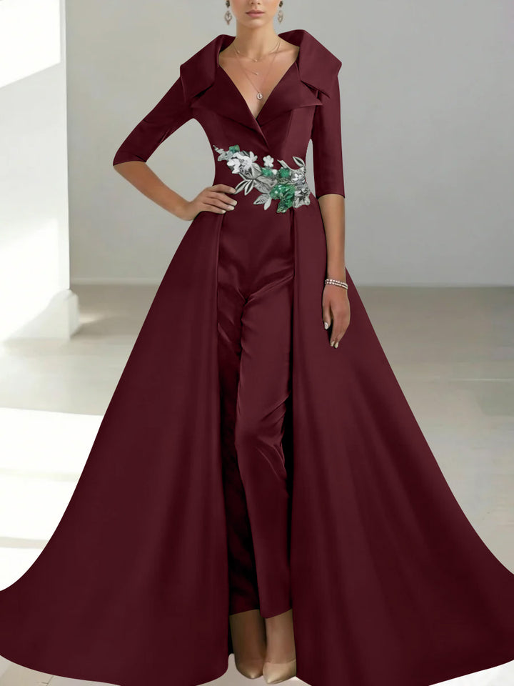 A-Line/Princess Shirt Collar Satin Mother of the Bride Jumpsuit Overskirt Sequins Pocket Half Sleeves Floor-Length