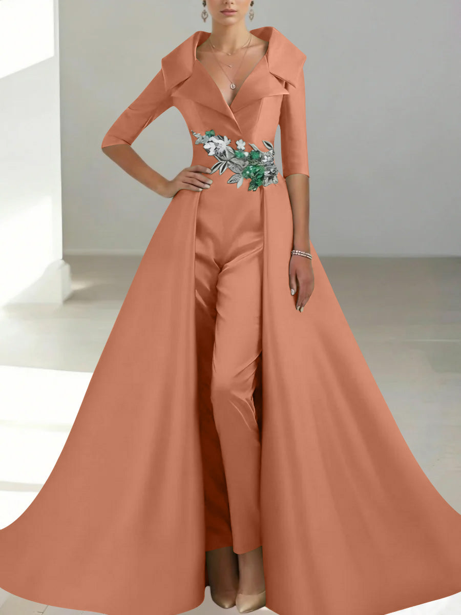 A-Line/Princess Shirt Collar Satin Mother of the Bride Jumpsuit Overskirt Sequins Pocket Half Sleeves Floor-Length