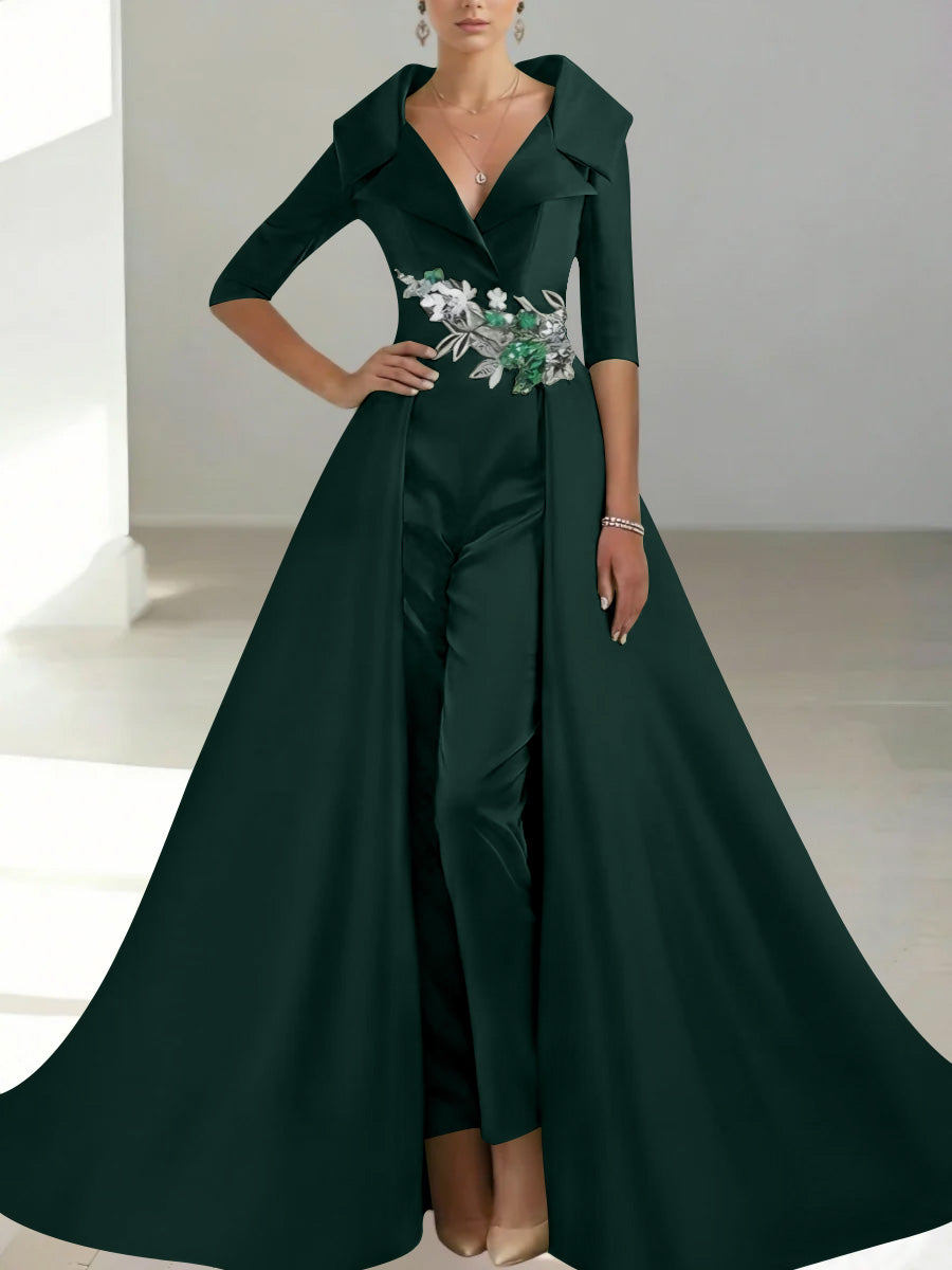 A-Line/Princess Shirt Collar Satin Mother of the Bride Jumpsuit Overskirt Sequins Pocket Half Sleeves Floor-Length