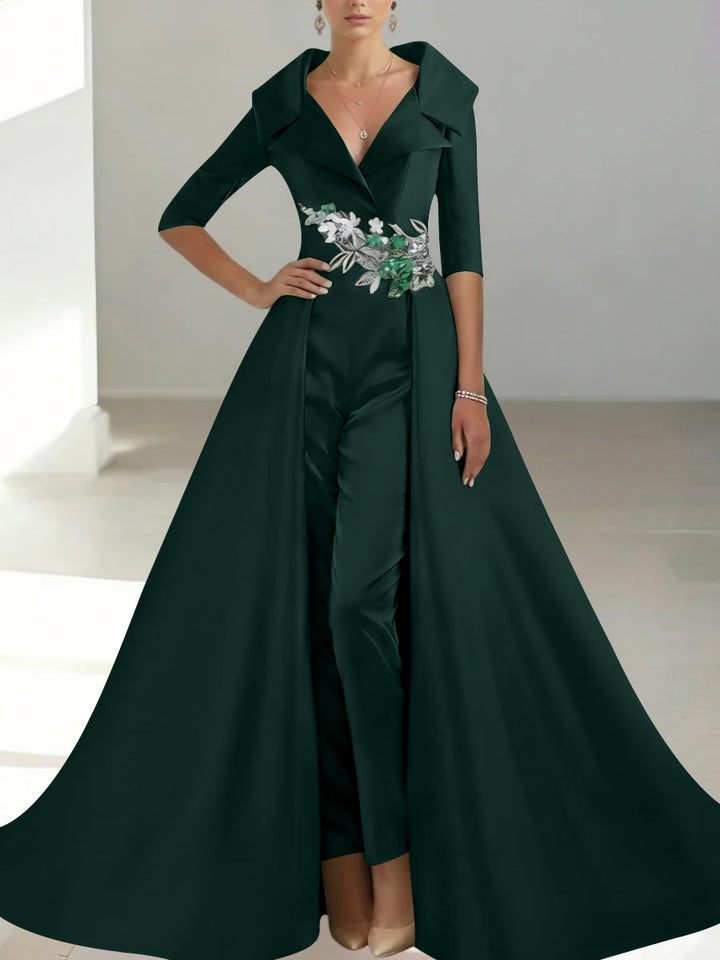A-Line/Princess Shirt Collar Satin Mother of the Bride Jumpsuit Overskirt Sequins Pocket Half Sleeves Floor-Length