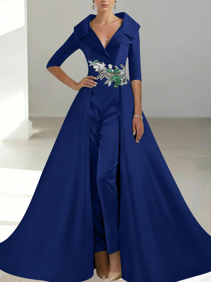 A-Line/Princess Shirt Collar Satin Mother of the Bride Jumpsuit Overskirt Sequins Pocket Half Sleeves Floor-Length
