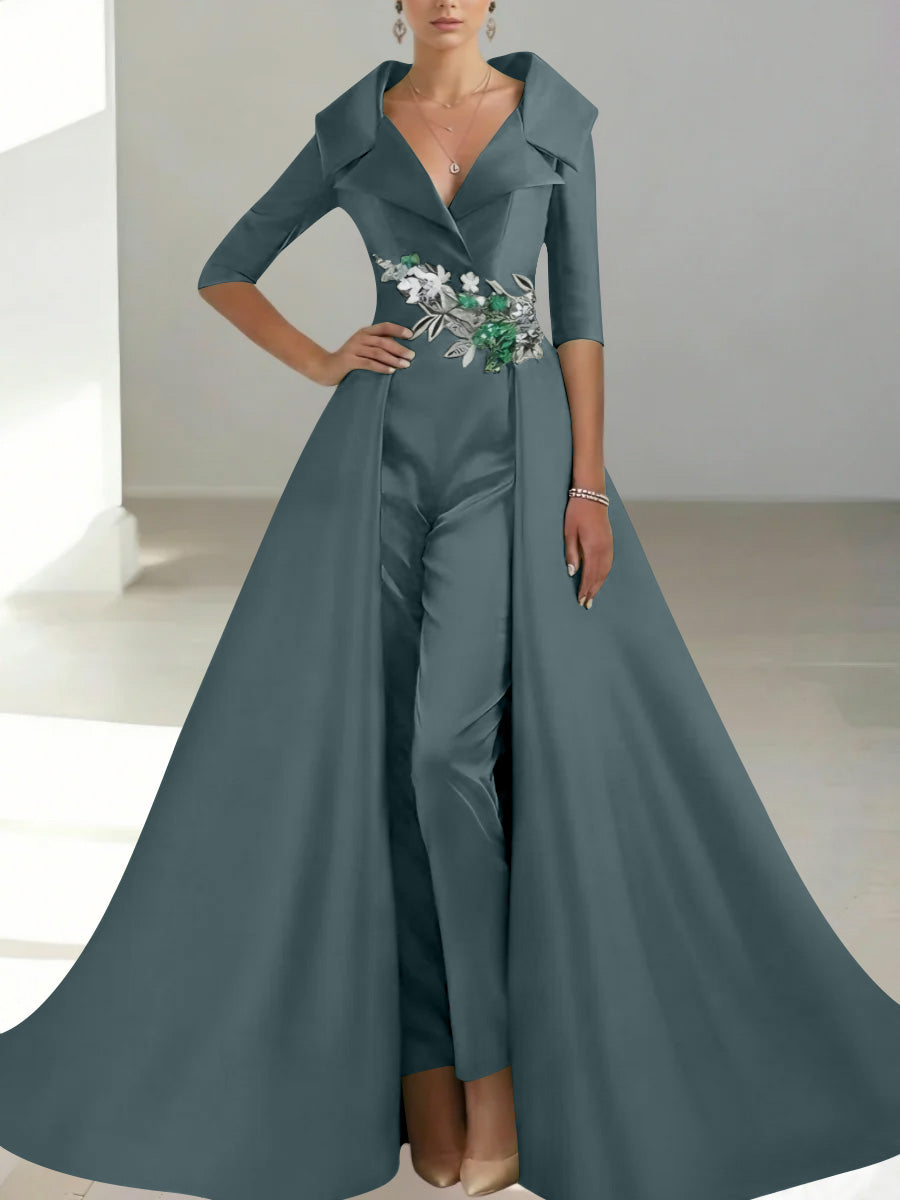 A-Line/Princess Shirt Collar Satin Mother of the Bride Jumpsuit Overskirt Sequins Pocket Half Sleeves Floor-Length