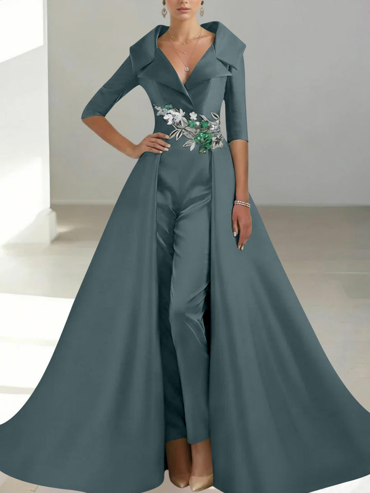 A-Line/Princess Shirt Collar Satin Mother of the Bride Jumpsuit Overskirt Sequins Pocket Half Sleeves Floor-Length