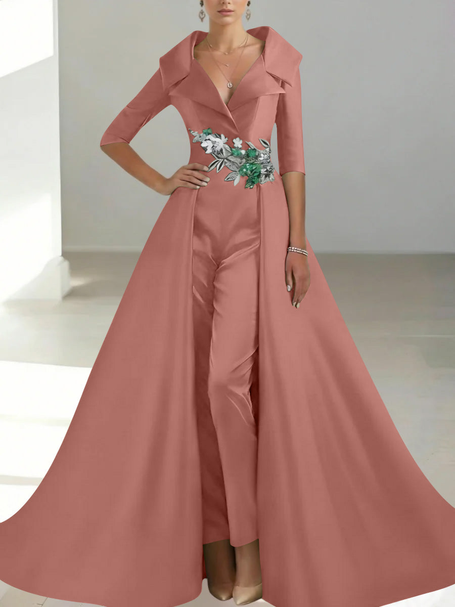 A-Line/Princess Shirt Collar Satin Mother of the Bride Jumpsuit Overskirt Sequins Pocket Half Sleeves Floor-Length