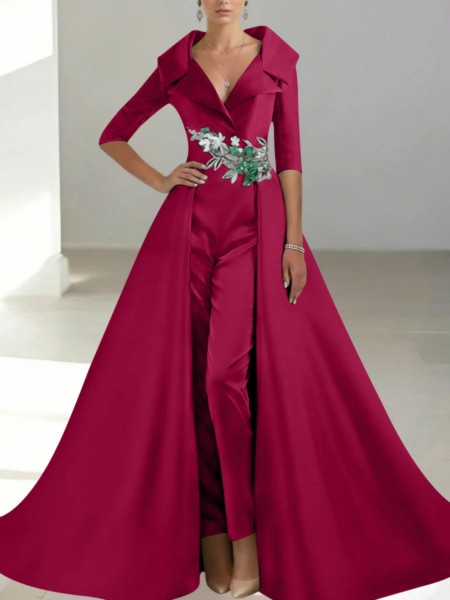 A-Line/Princess Shirt Collar Satin Mother of the Bride Jumpsuit Overskirt Sequins Pocket Half Sleeves Floor-Length