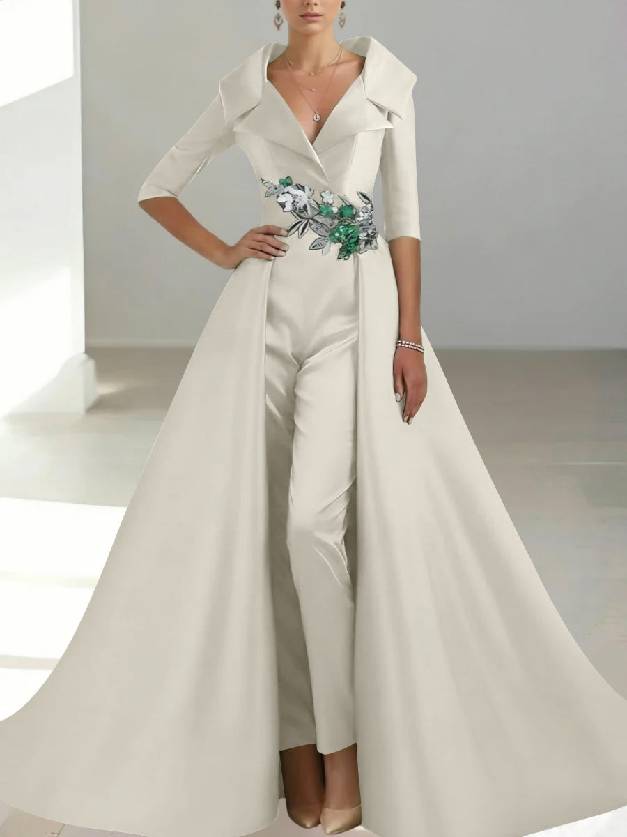 A-Line/Princess Shirt Collar Satin Mother of the Bride Jumpsuit Overskirt Sequins Pocket Half Sleeves Floor-Length