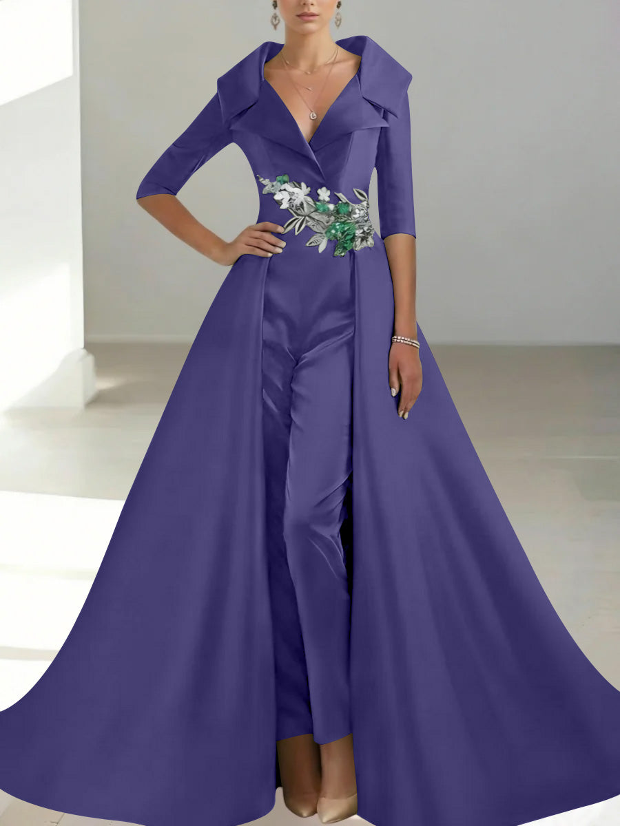 A-Line/Princess Shirt Collar Satin Mother of the Bride Jumpsuit Overskirt Sequins Pocket Half Sleeves Floor-Length