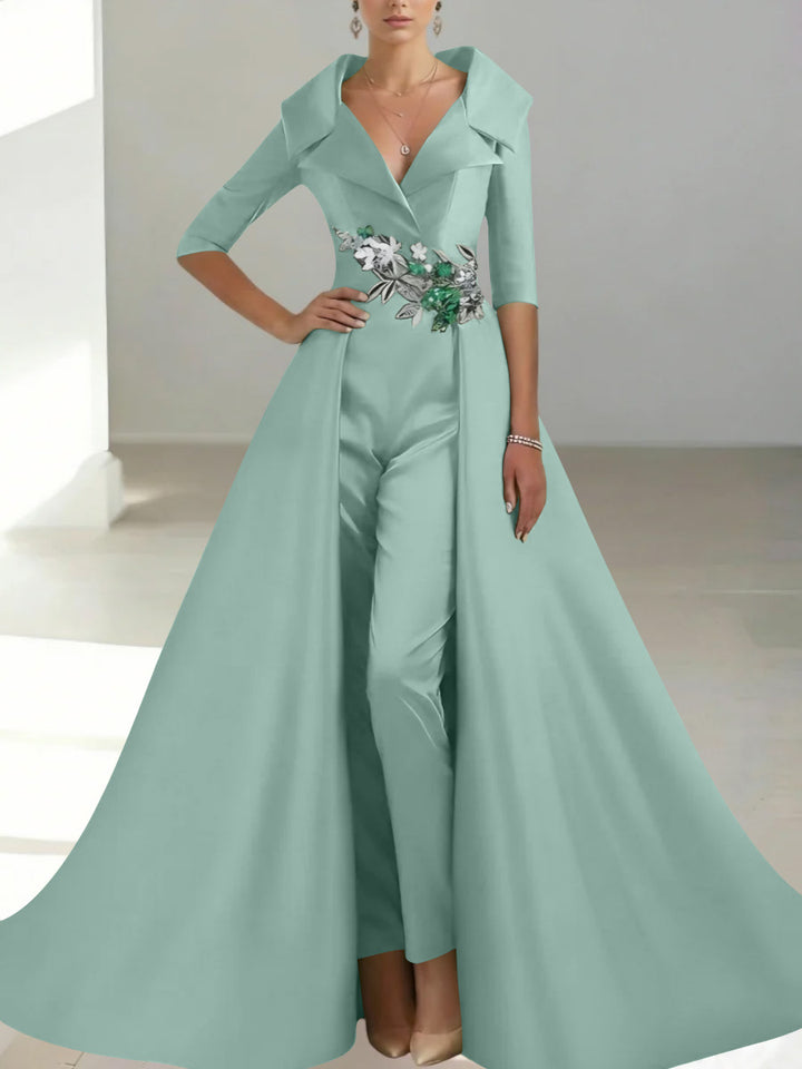 A-Line/Princess Shirt Collar Satin Mother of the Bride Jumpsuit Overskirt Sequins Pocket Half Sleeves Floor-Length