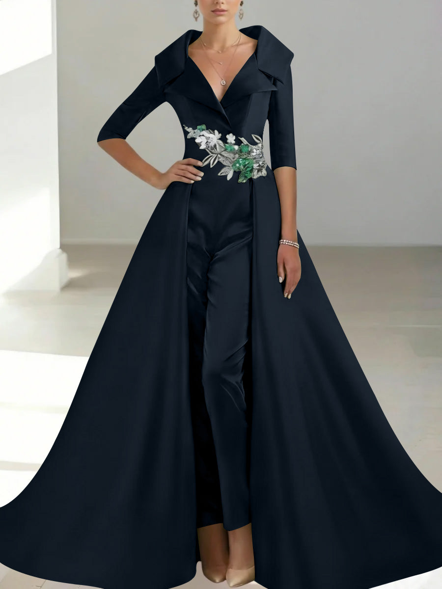 A-Line/Princess Shirt Collar Satin Mother of the Bride Jumpsuit Overskirt Sequins Pocket Half Sleeves Floor-Length