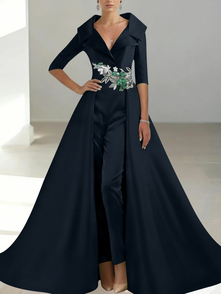 A-Line/Princess Shirt Collar Satin Mother of the Bride Jumpsuit Overskirt Sequins Pocket Half Sleeves Floor-Length