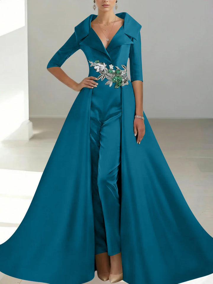 A-Line/Princess Shirt Collar Satin Mother of the Bride Jumpsuit Overskirt Sequins Pocket Half Sleeves Floor-Length