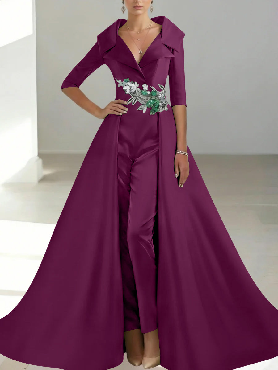 A-Line/Princess Shirt Collar Satin Mother of the Bride Jumpsuit Overskirt Sequins Pocket Half Sleeves Floor-Length