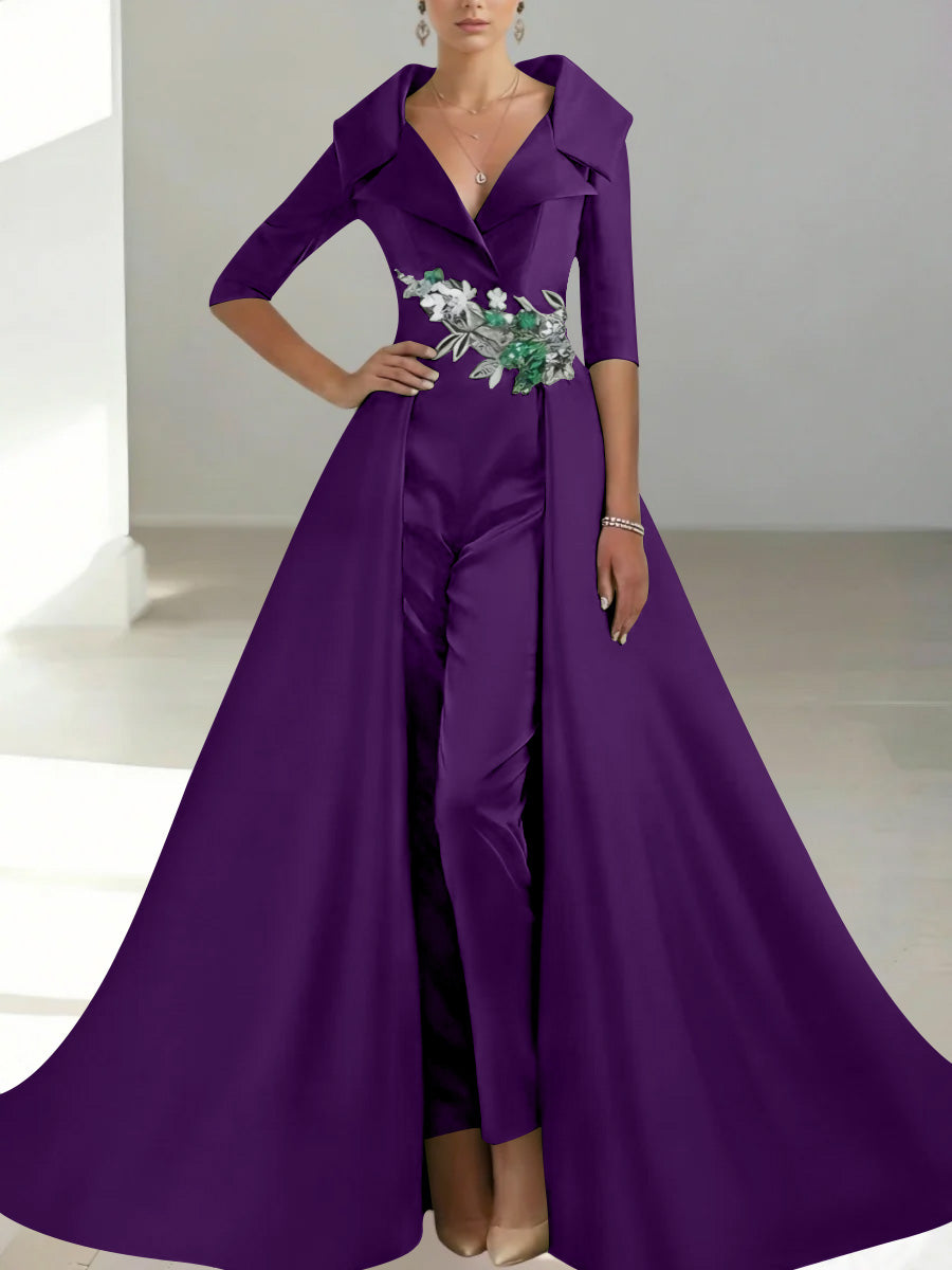 A-Line/Princess Shirt Collar Satin Mother of the Bride Jumpsuit Overskirt Sequins Pocket Half Sleeves Floor-Length